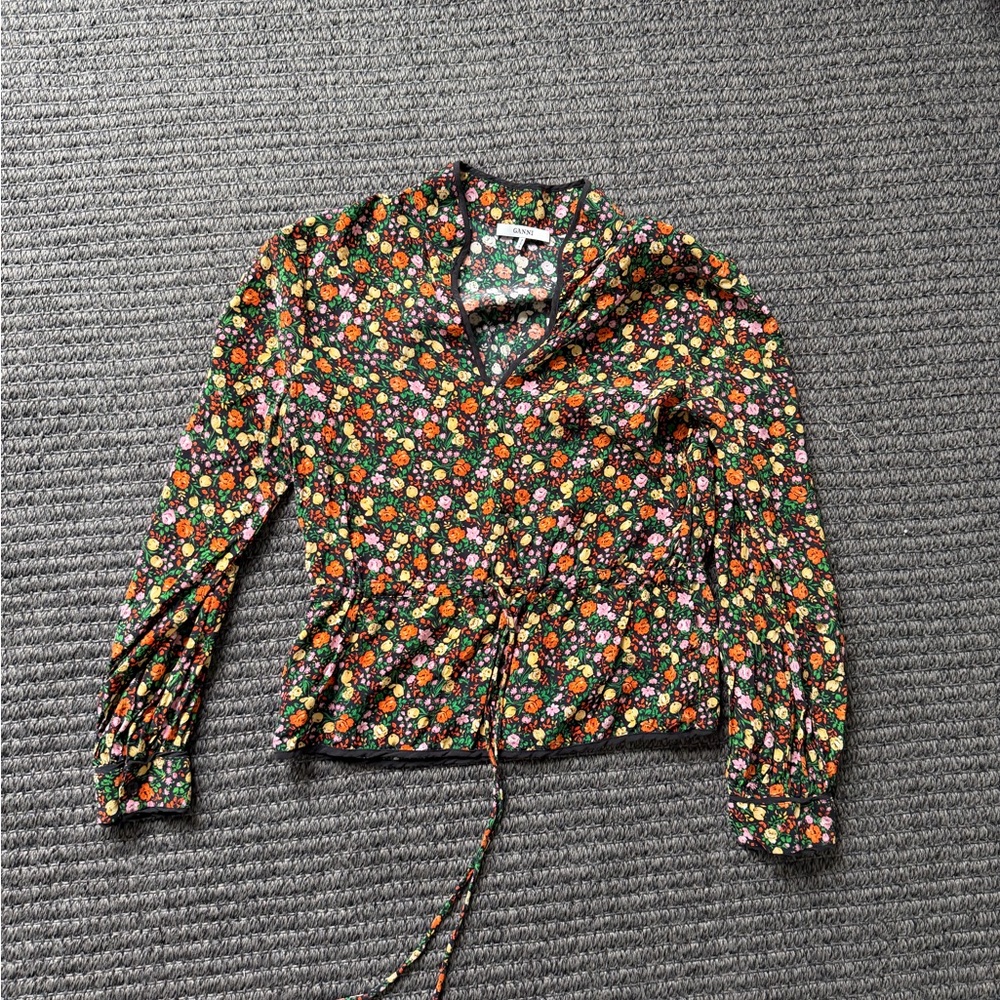Ganni Black Floral Drawstring Blouse with Orange, Pink & Green Flowers